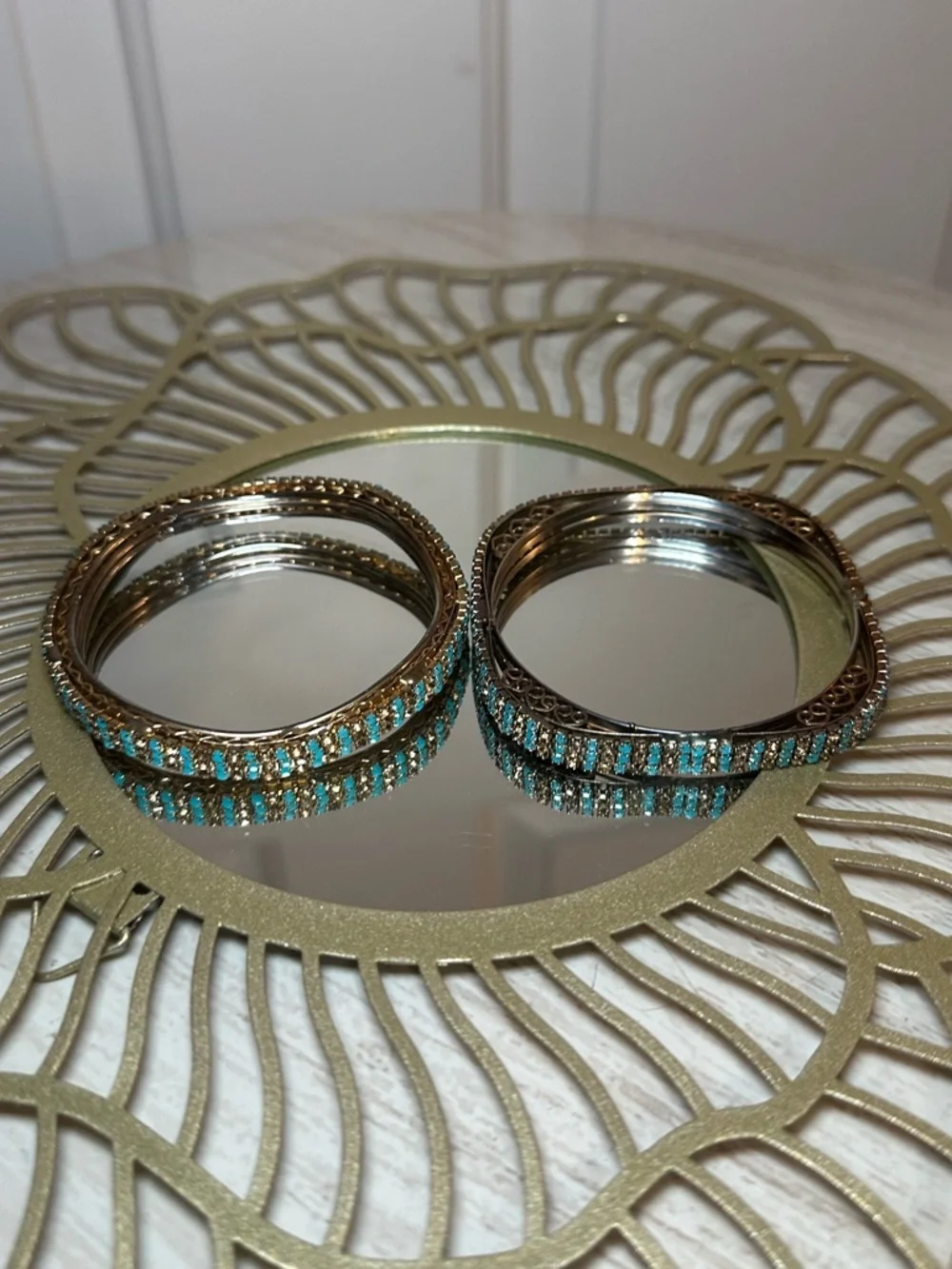 Turquoise Gold Rhinestone Bangle Bracelet Set 2 Pc Square Wavy Stack Glam Boho - Picture 4 of 9